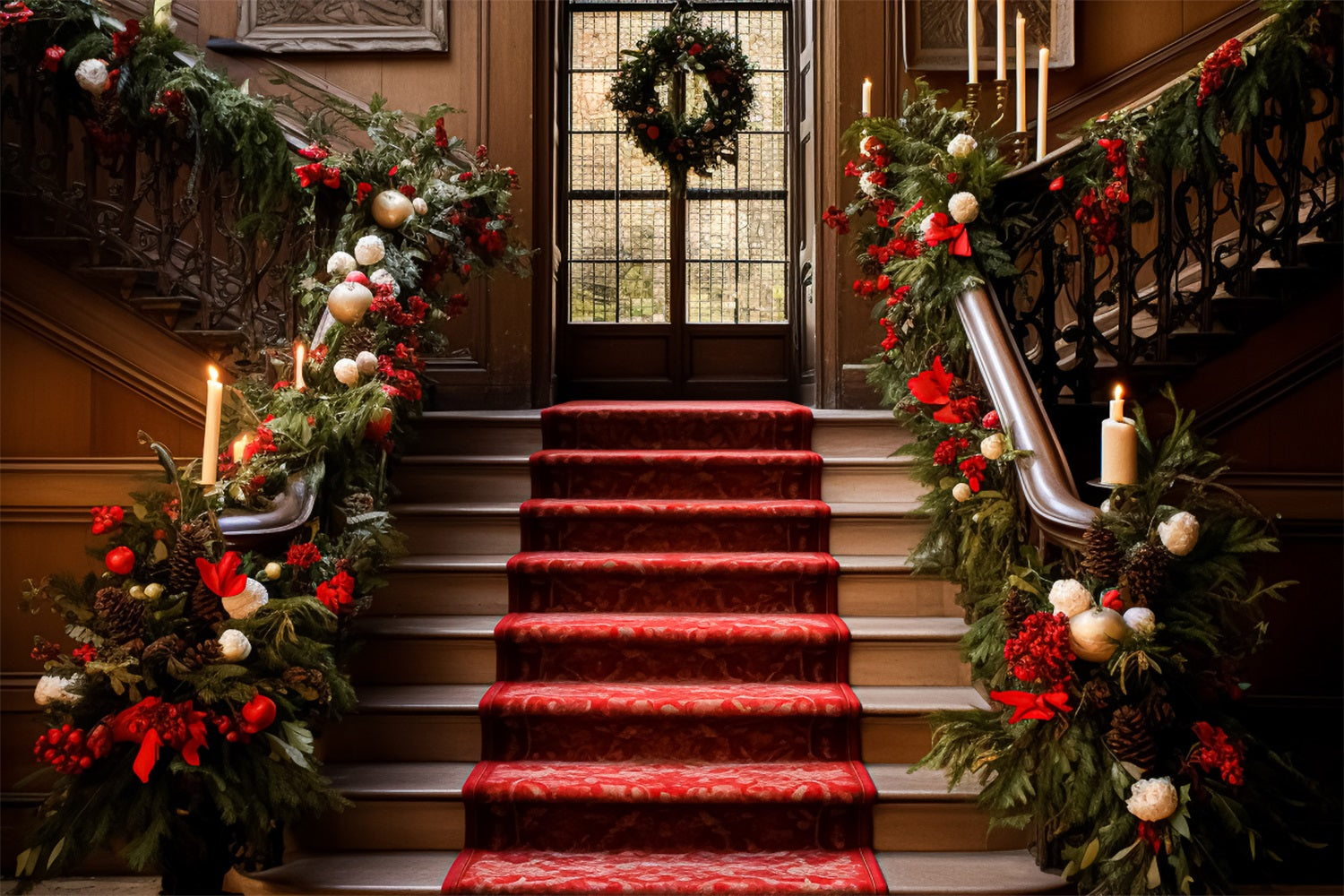 Elegant Christmas Backdrop Staircase Red Carpet Garland Backdrop UK BRP11-237