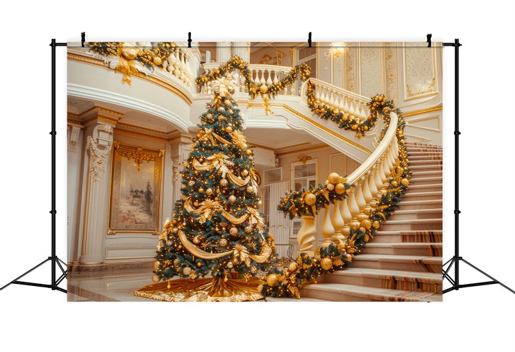 Christmas Party Backdrops Golden Staircase Tree Decor Backdrop UK BRP11-238