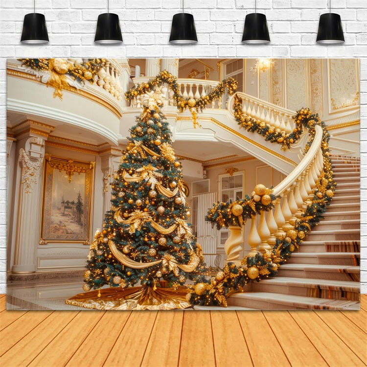 Christmas Party Backdrops Golden Staircase Tree Decor Backdrop UK BRP11-238