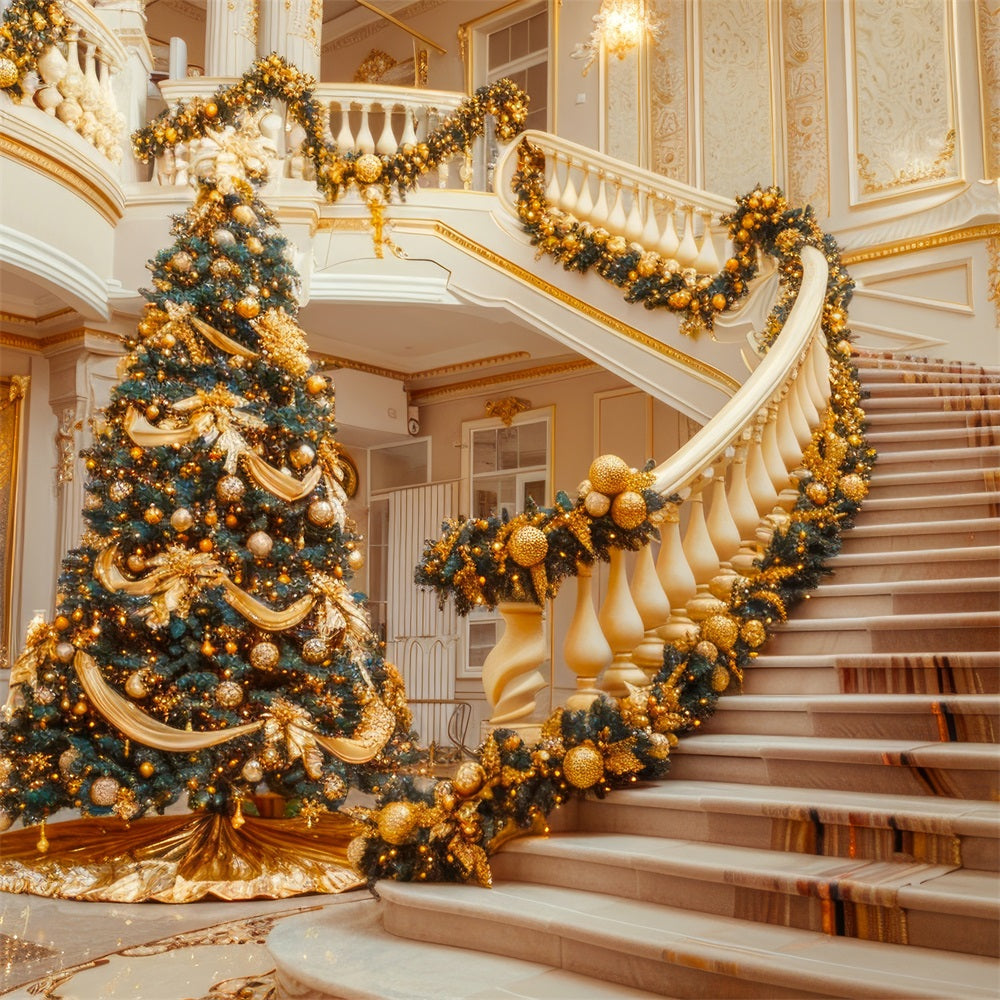 Christmas Party Backdrops Golden Staircase Tree Decor Backdrop UK BRP11-238