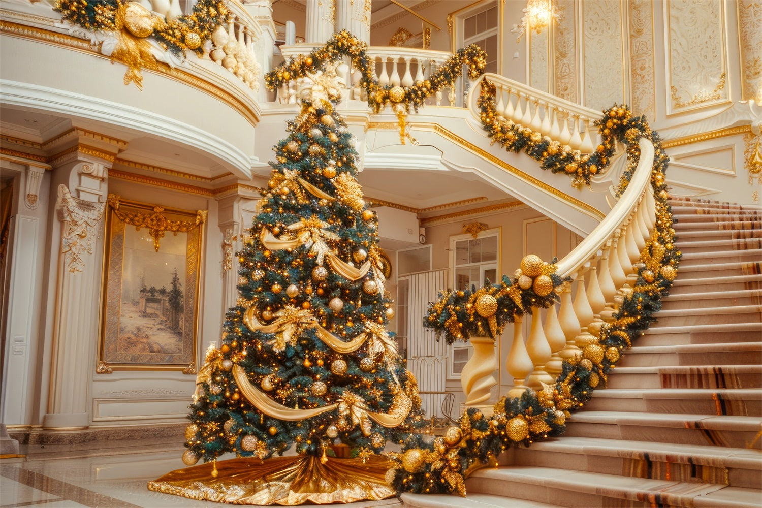 Christmas Party Backdrops Golden Staircase Tree Decor Backdrop UK BRP11-238