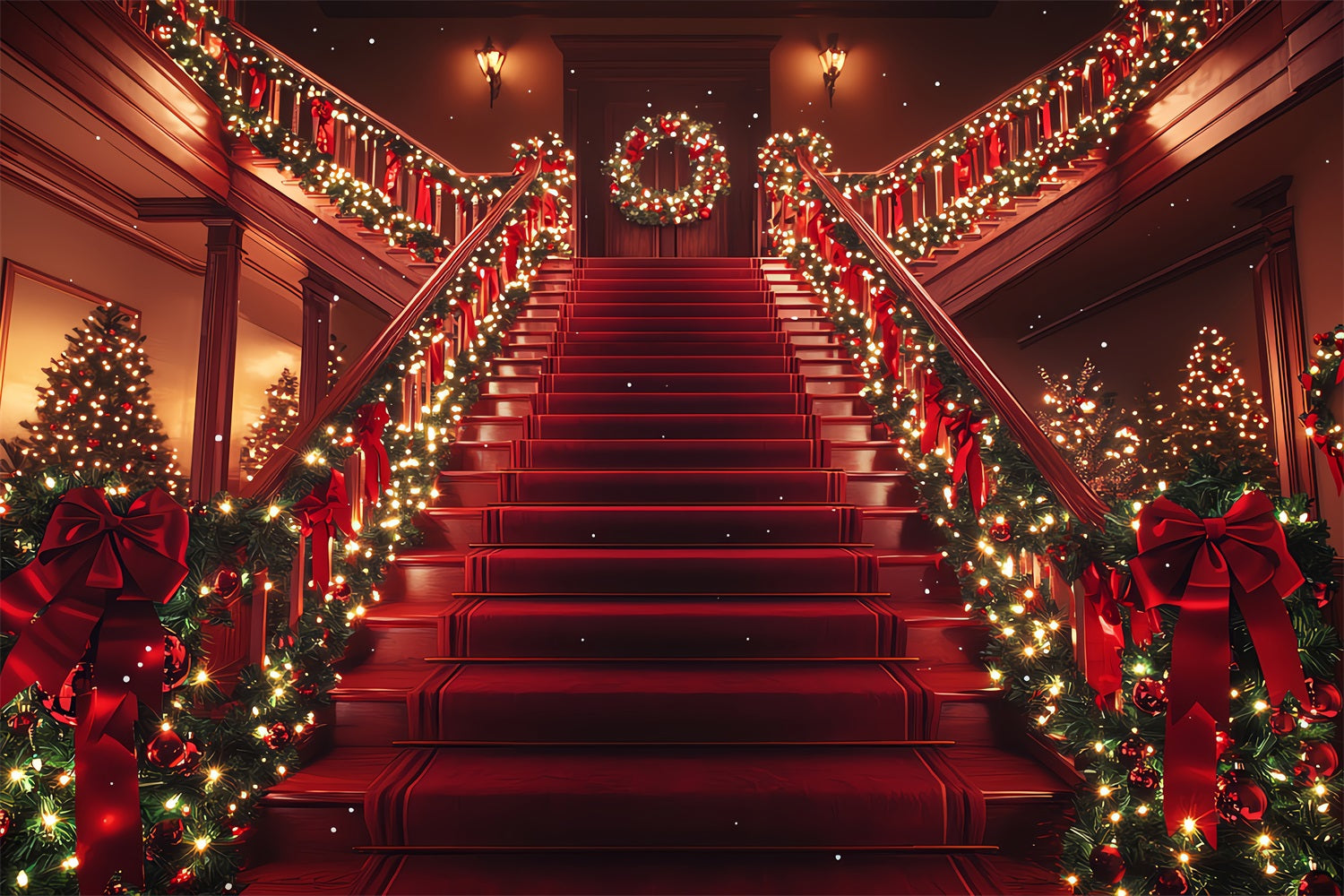 Christmas Scene Photo Backdrops Red Staircase Backdrop UK BRP11-239