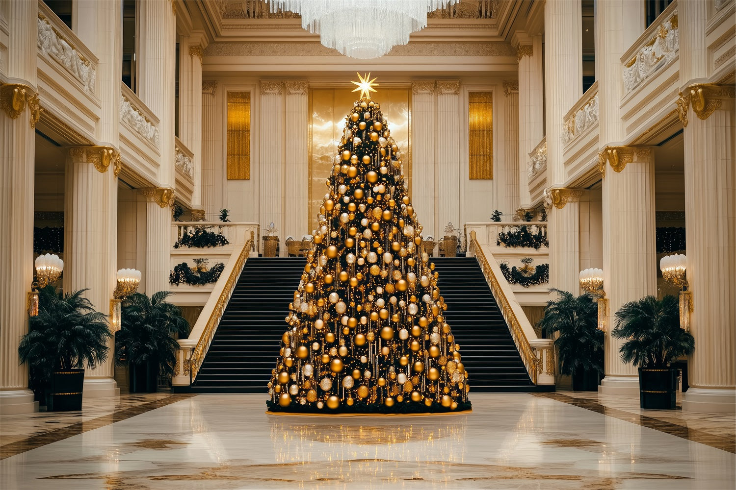 Merry Christmas Backdrops Golden Tree Grand Hall Backdrop UK BRP11-240