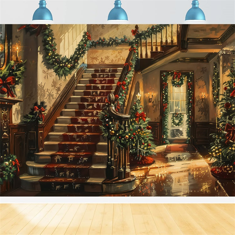 Christmas Photo Backdrops Interior Tree Stairs Backdrop UK BRP11-241