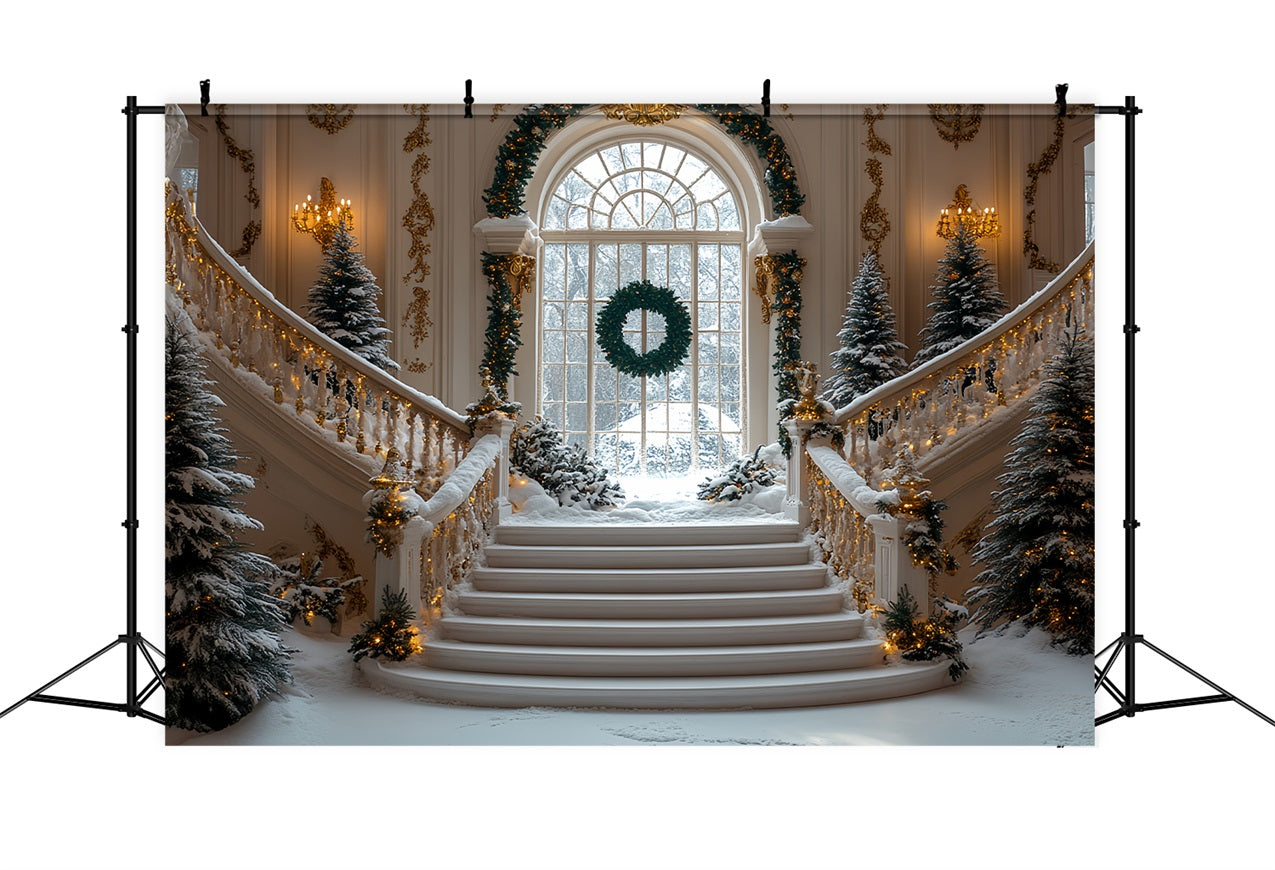 Christmas Snow Backdrop Golden Accents Staircase Backdrop UK BRP11-244