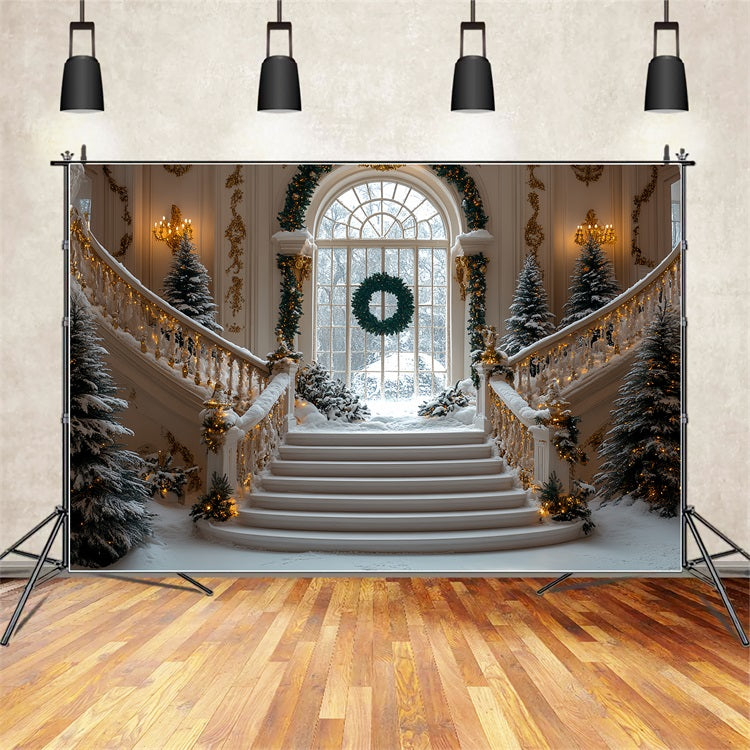 Christmas Snow Backdrop Golden Accents Staircase Backdrop UK BRP11-244