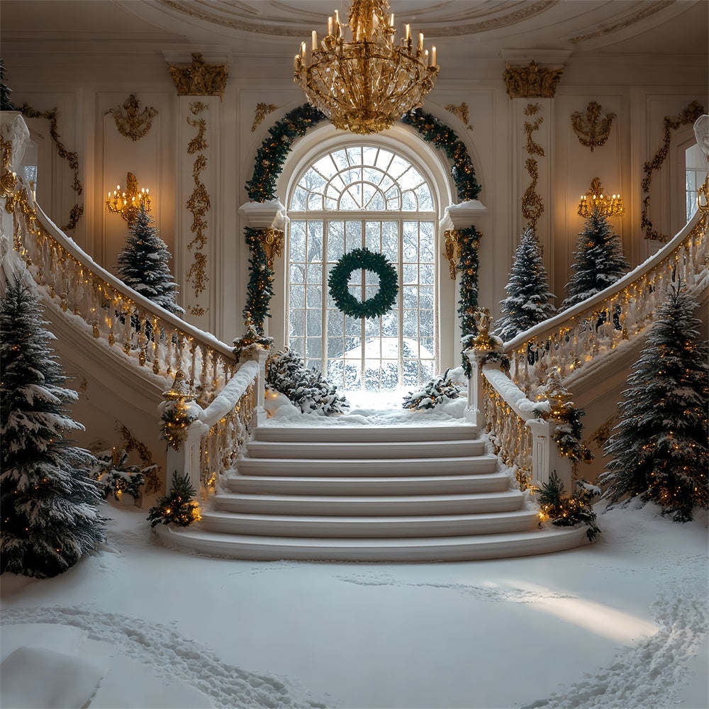 Christmas Snow Backdrop Golden Accents Staircase Backdrop UK BRP11-244