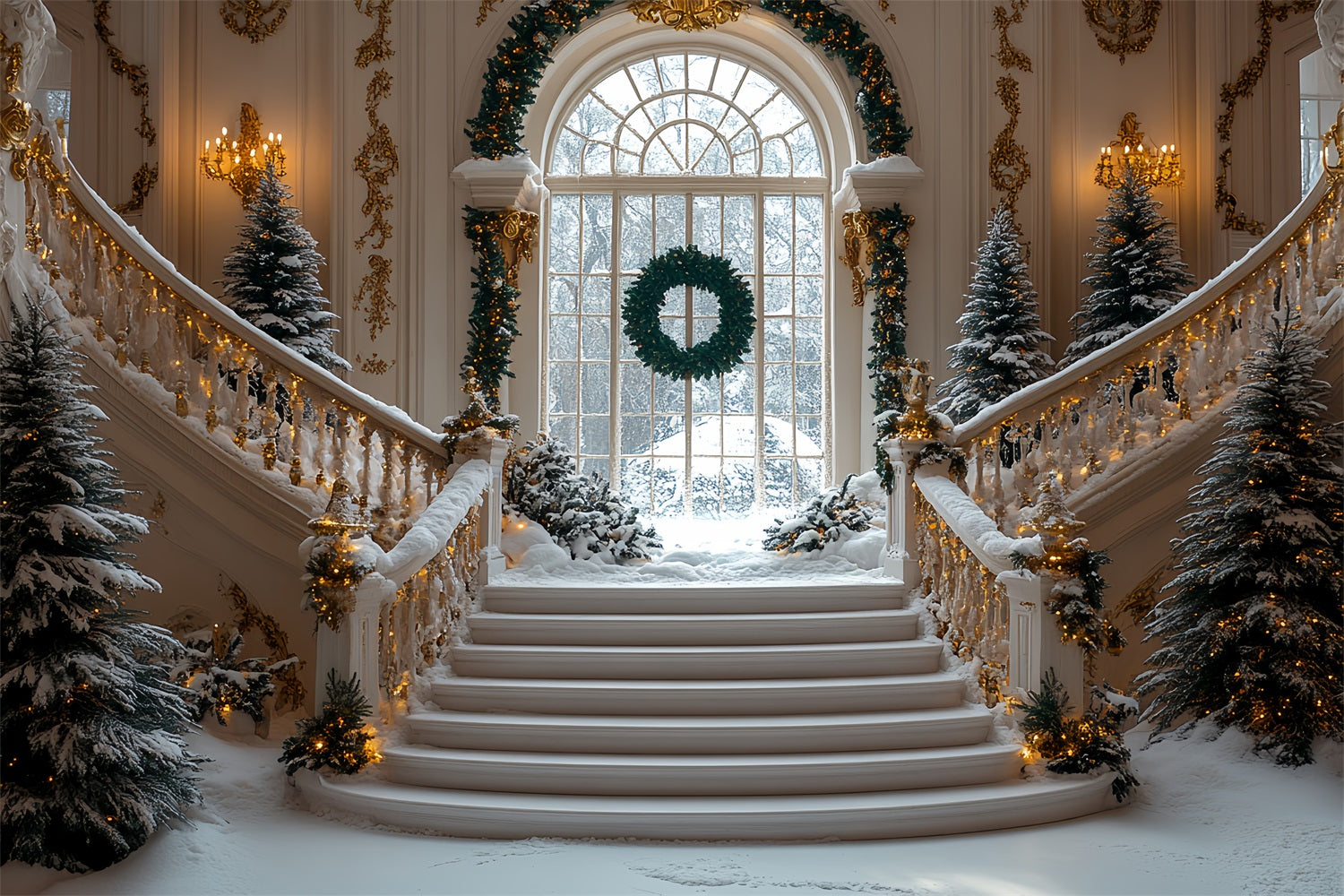 Christmas Snow Backdrop Golden Accents Staircase Backdrop UK BRP11-244