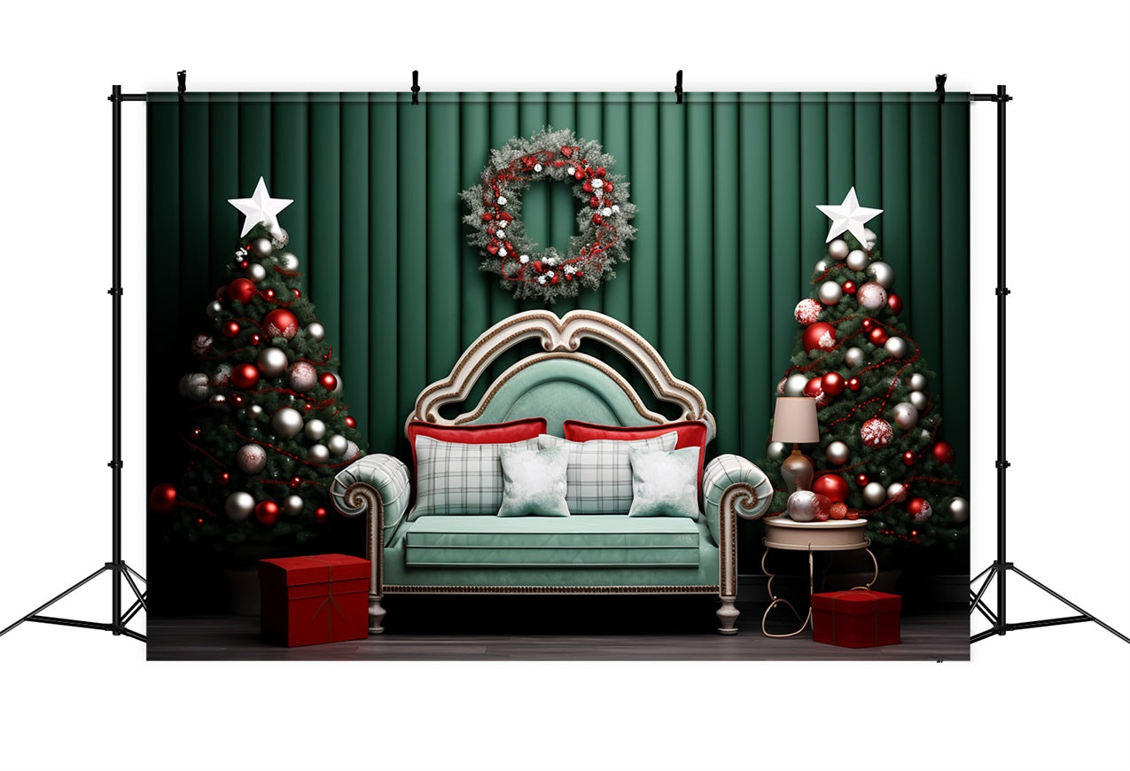 Christmas Picture Backdrops Green Wall Wreath Sofa Backdrop UK BRP11-246