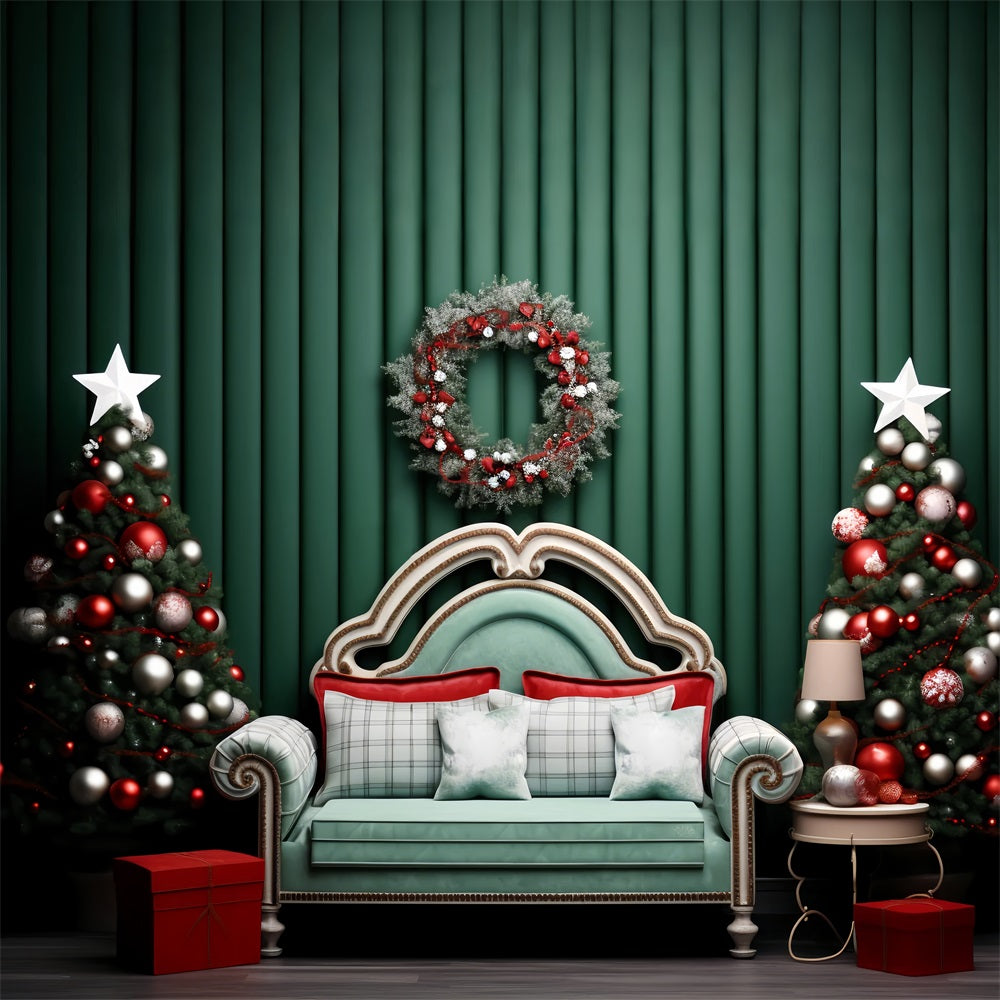 Christmas Picture Backdrops Green Wall Wreath Sofa Backdrop UK BRP11-246