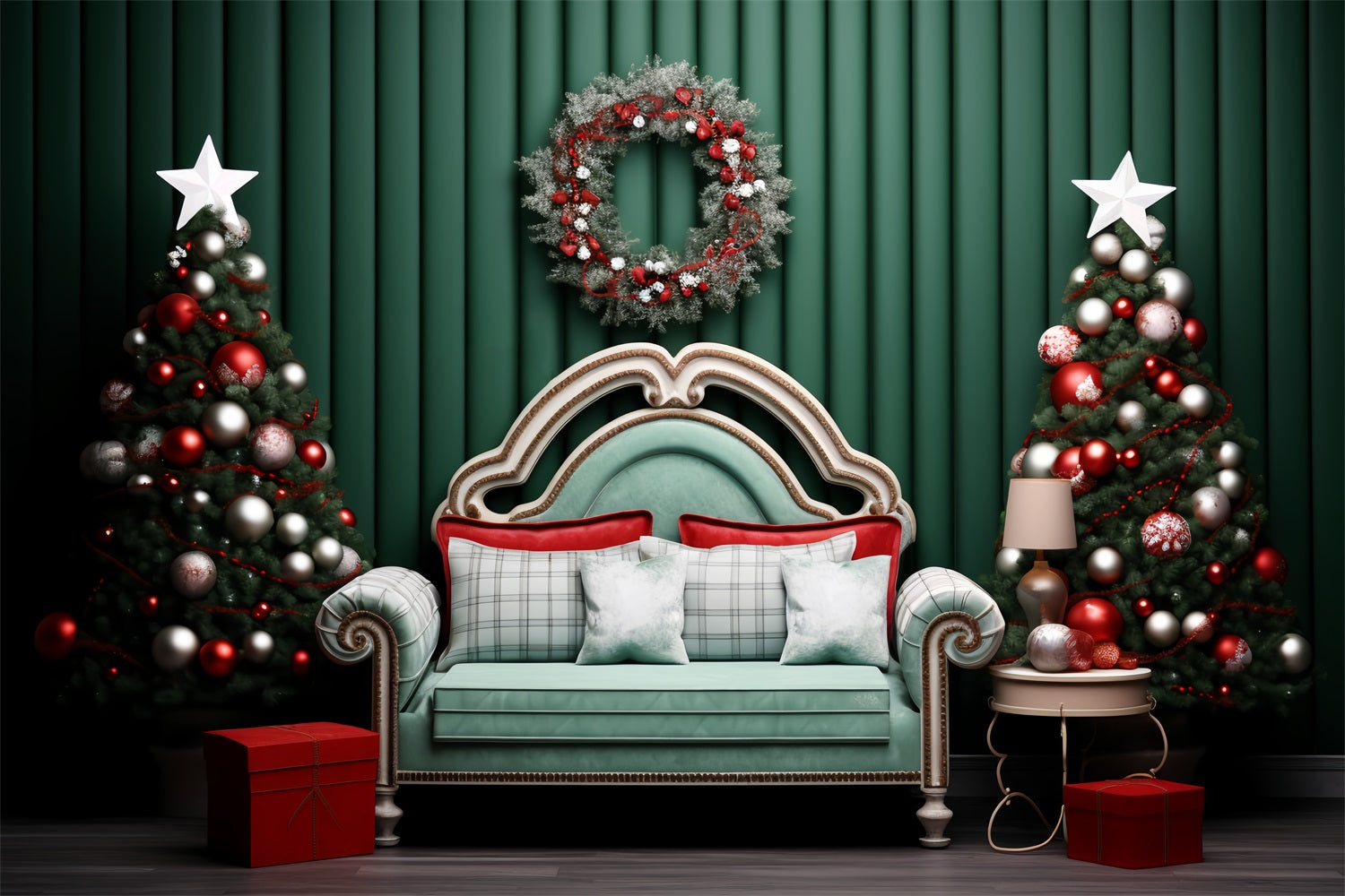 Christmas Picture Backdrops Green Wall Wreath Sofa Backdrop UK BRP11-246