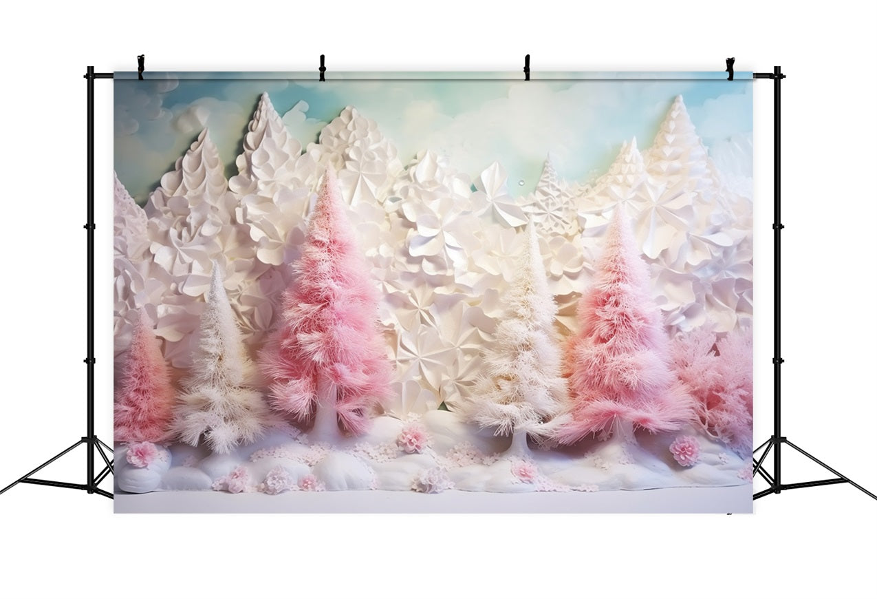 Winter Photo Backdrop Snowy Pink Trees Clouds Backdrop UK BRP11-254