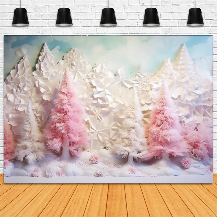 Winter Photo Backdrop Snowy Pink Trees Clouds Backdrop UK BRP11-254