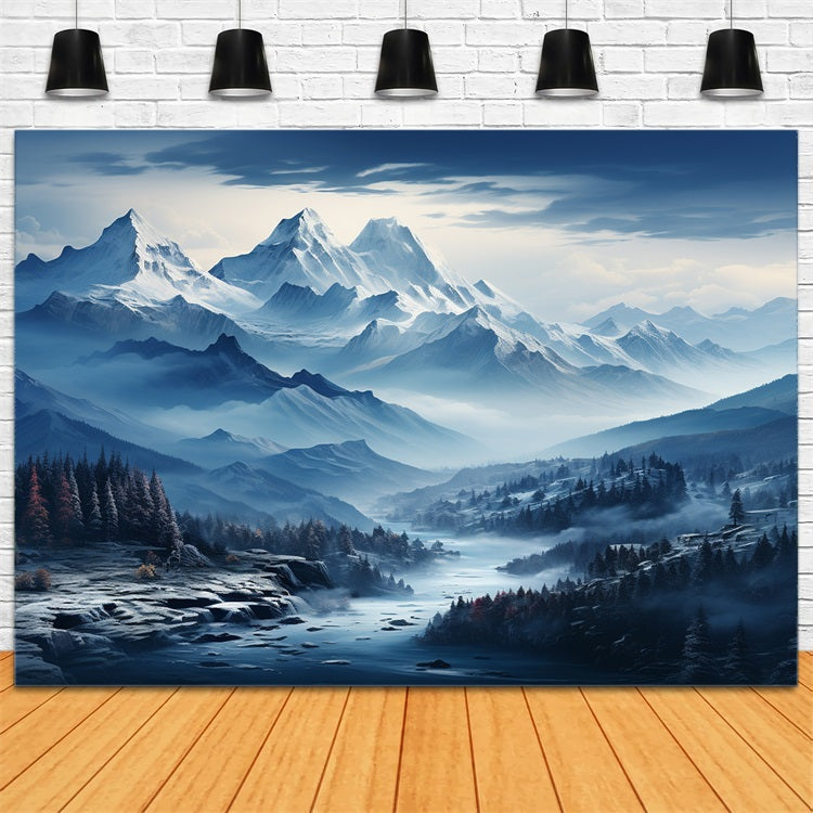 Winter Photography Backdrops Snowy Blue Mountain River Backdrop UK BRP11-258