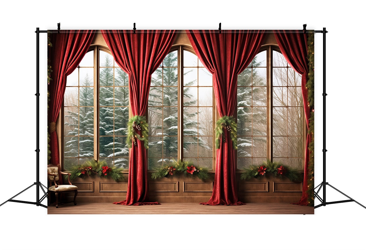 Winter Photo Backdrops Red Drapes Snowy Forest Backdrop UK BRP11-270