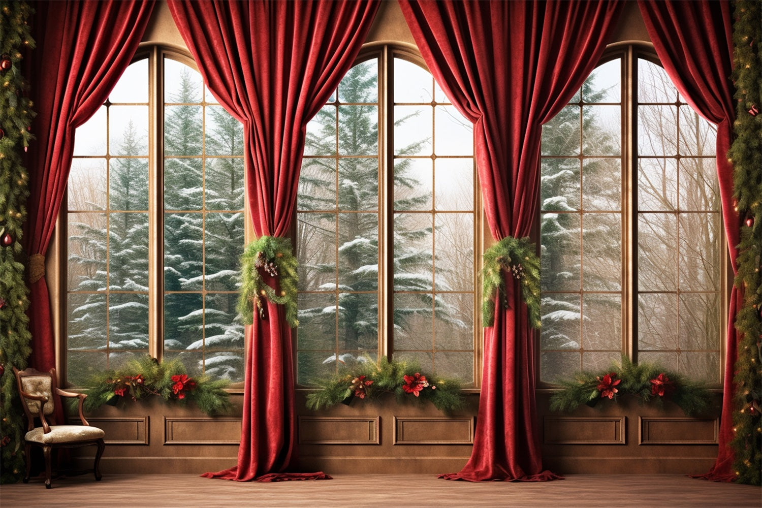 Winter Photo Backdrops Red Drapes Snowy Forest Backdrop UK BRP11-270