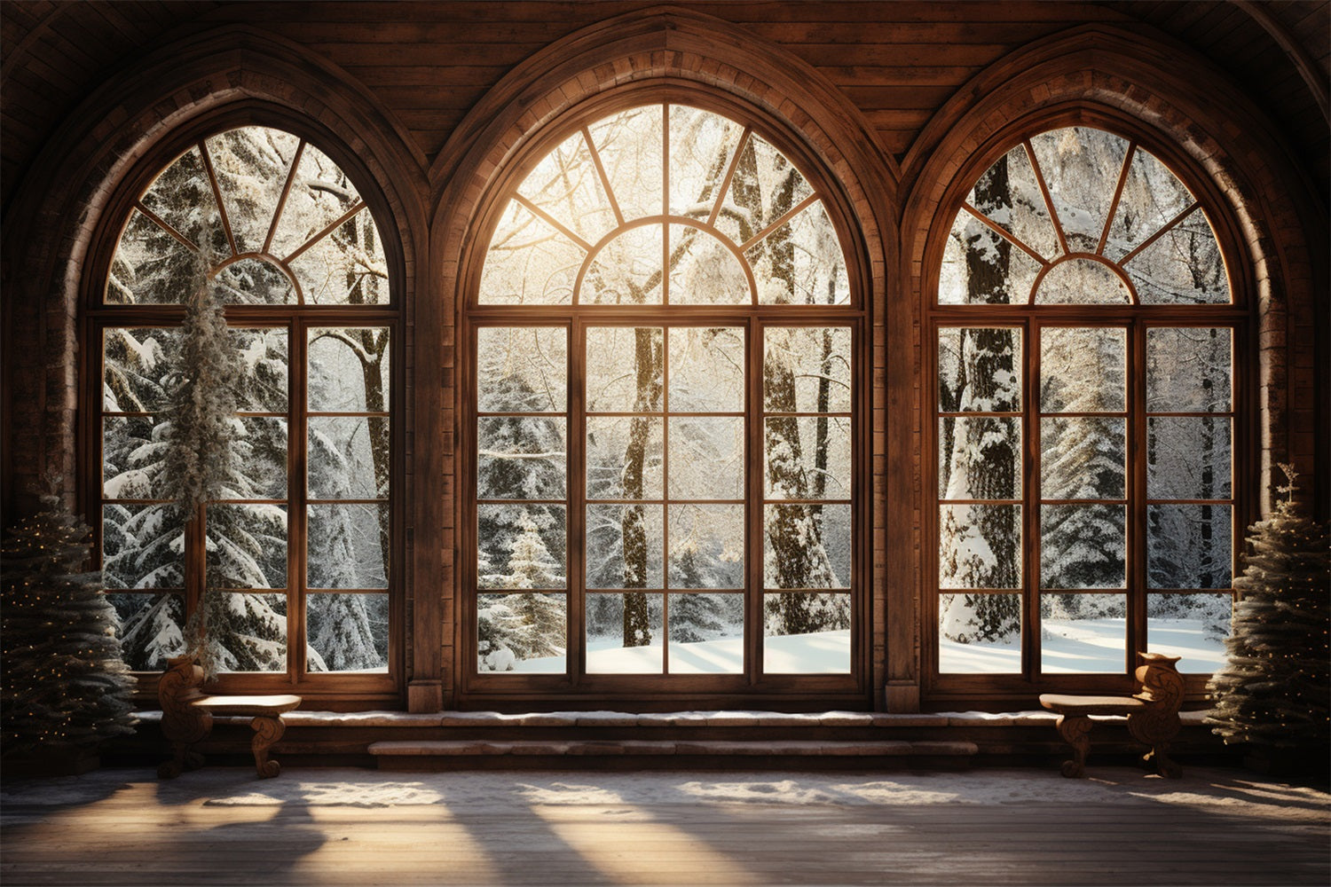 Winter Backdrop Scenes Sunlit Wooden Arched Window Backdrop UK BRP11-271