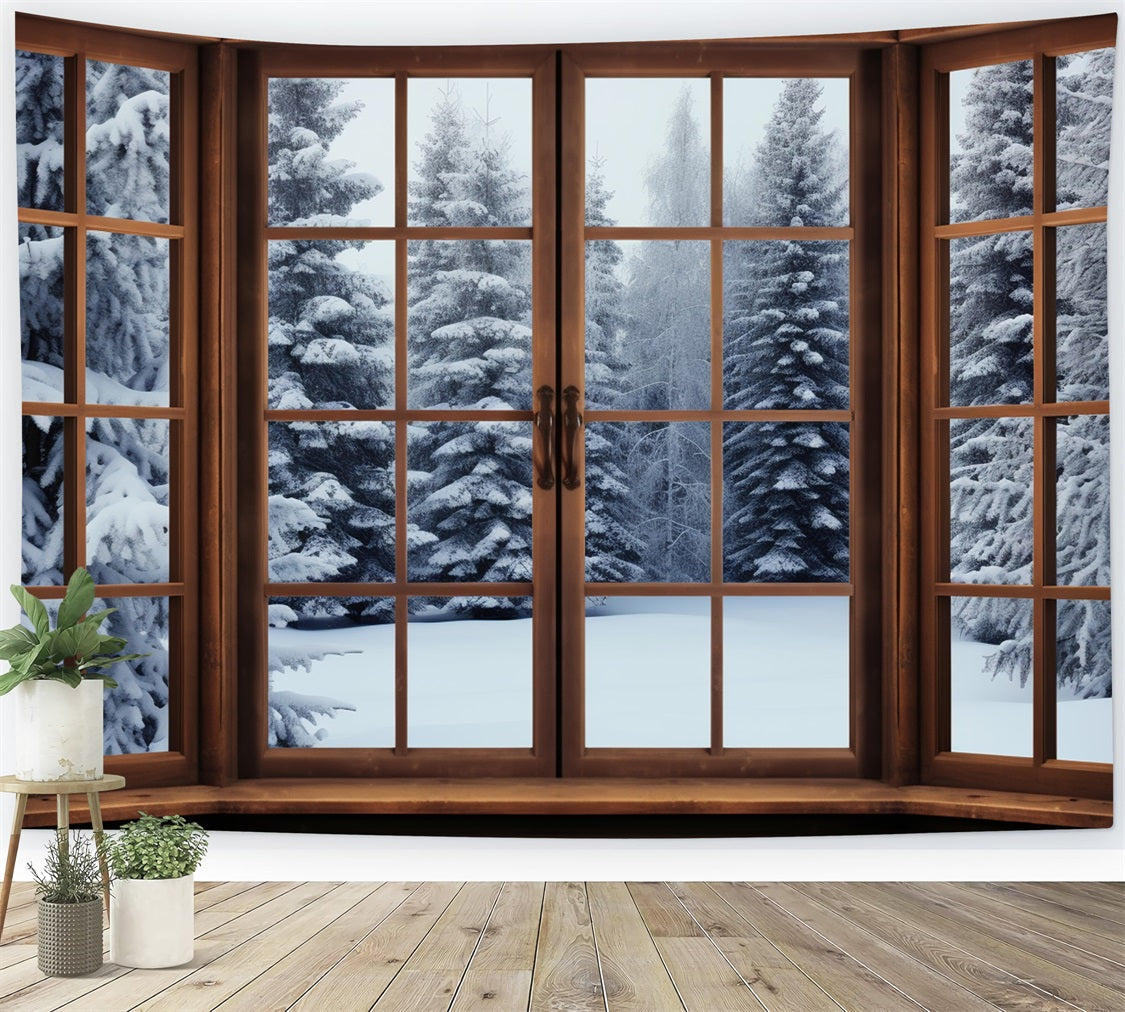 Winter Scene Backdrops Forest Wooden Window Backdrop UK BRP11-272