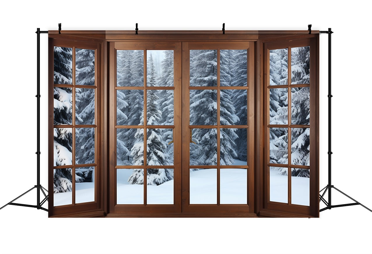 Winter Snow Backdrop Wooden Window Frames Pines Backdrop UK BRP11-274