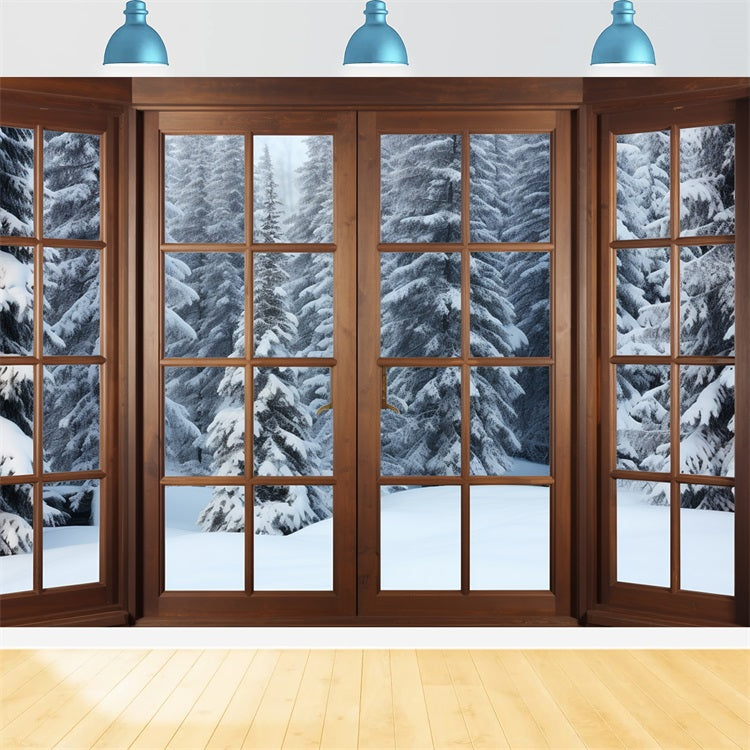 Winter Snow Backdrop Wooden Window Frames Pines Backdrop UK BRP11-274