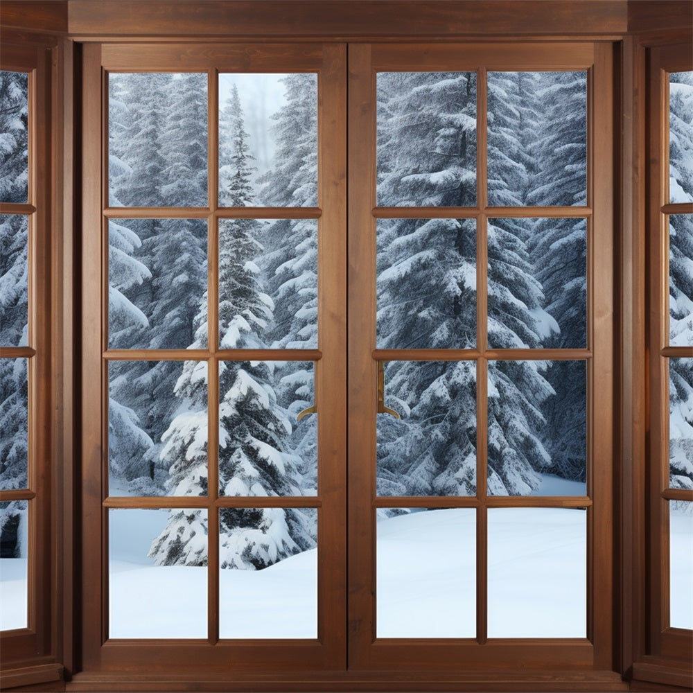 Winter Snow Backdrop Wooden Window Frames Pines Backdrop UK BRP11-274