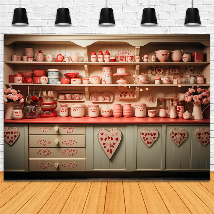 Valentine's Day Photography Backdrop Heart Kitchen Scene Backdrop UK BRP11-281