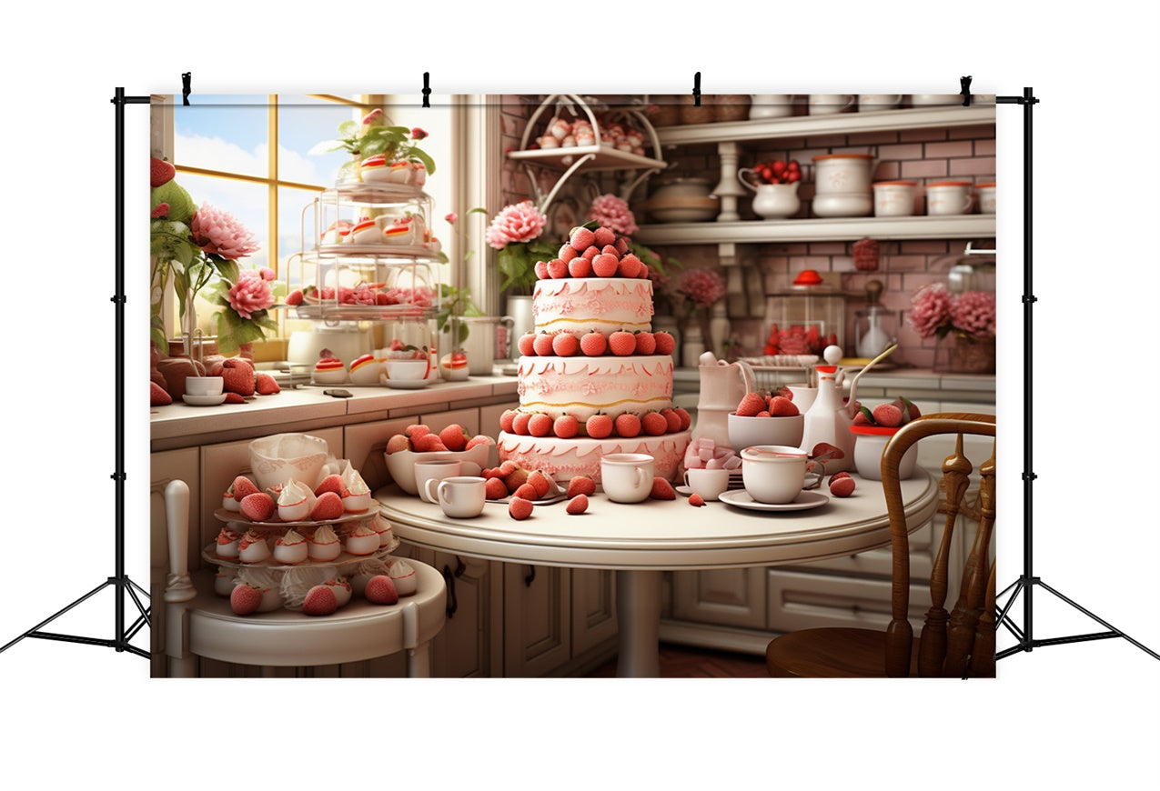 Valentine Backdrop Photography Strawberry-Laden Dessert Table Backdrop UK BRP11-283