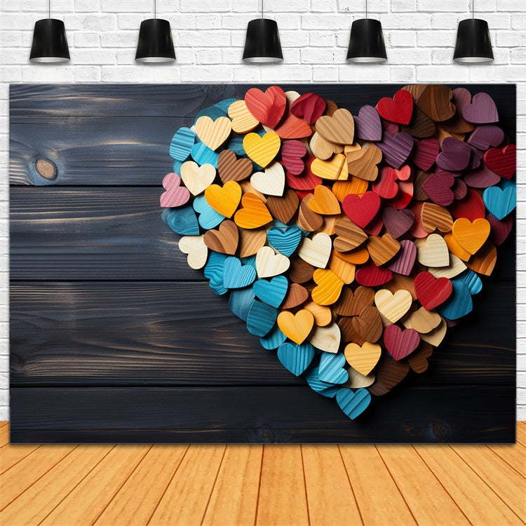 Valentines Party Backdrop Rainbow Hearts Wood Theme Backdrop UK BRP11-293