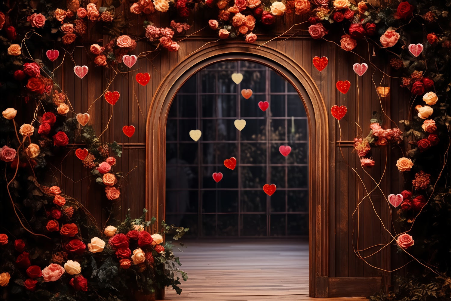 Valentine's Day Backdrops Wooden Arch Roses Hearts Backdrop UK BRP11-310