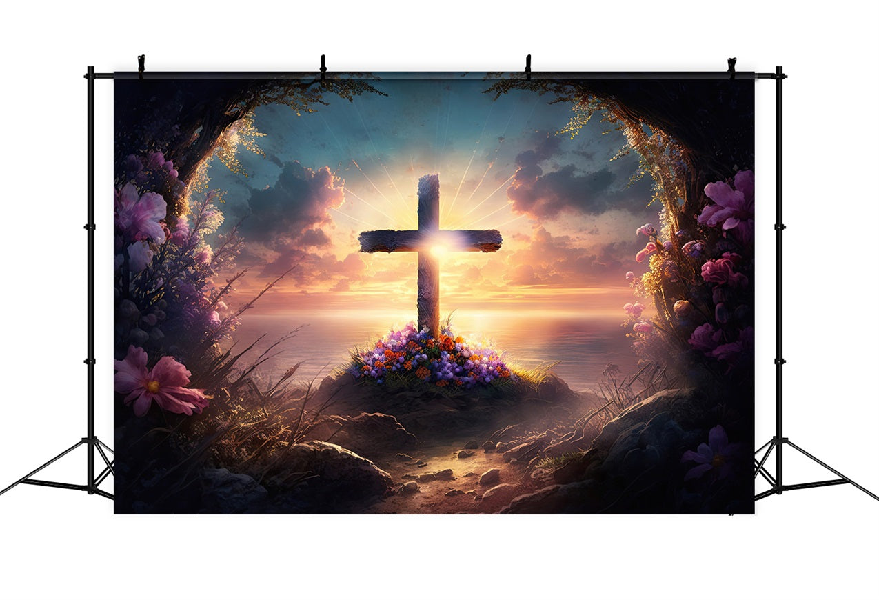 Photography Easter Backdrop Cross Floral Cliffside Sunset Backdrop UK BRP11-318