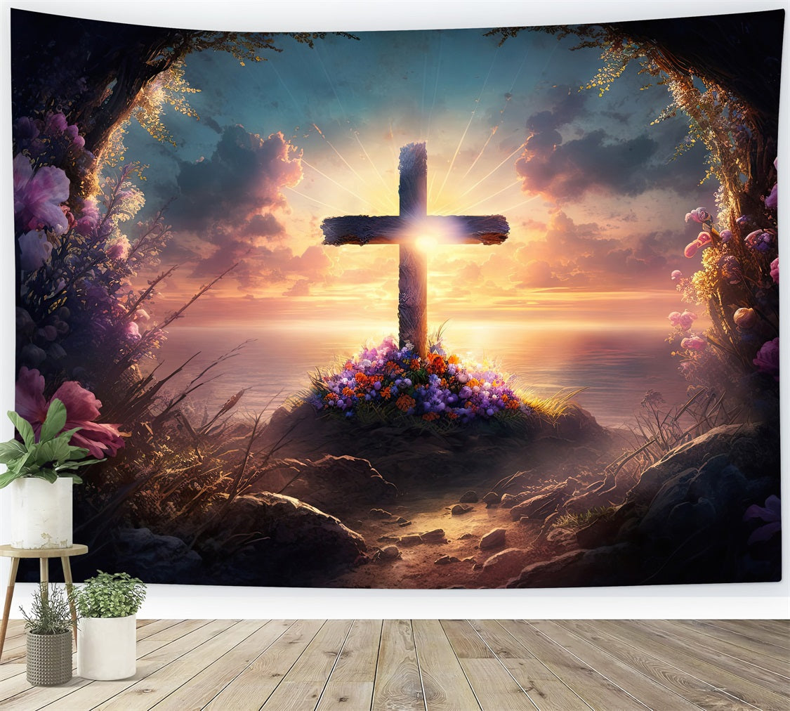 Photography Easter Backdrop Cross Floral Cliffside Sunset Backdrop UK BRP11-318