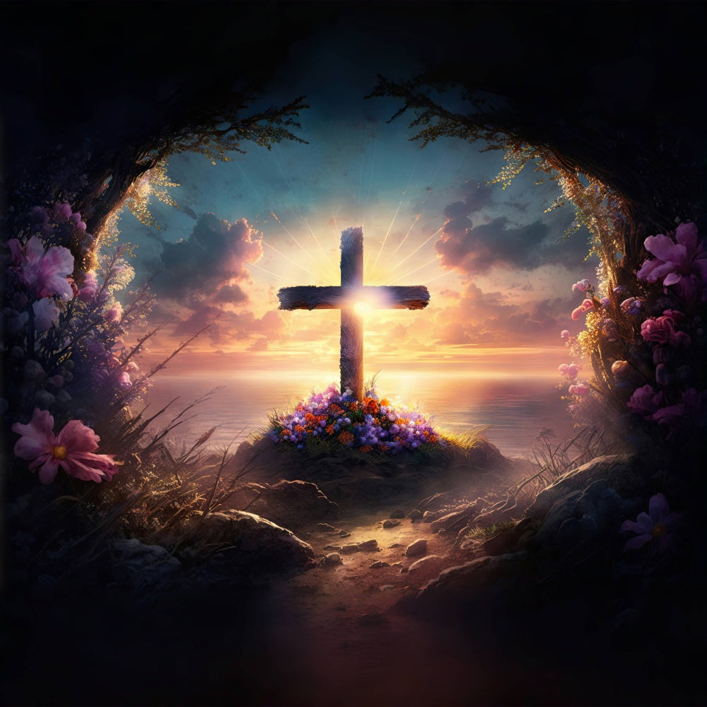 Photography Easter Backdrop Cross Floral Cliffside Sunset Backdrop UK BRP11-318