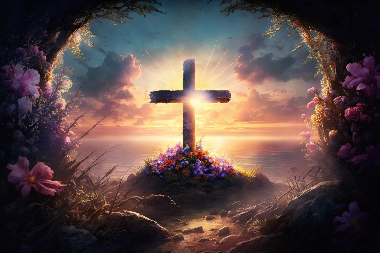 Photography Easter Backdrop Cross Floral Cliffside Sunset Backdrop UK BRP11-318