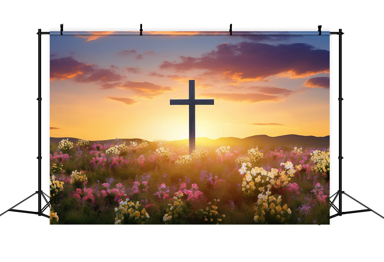 Easter Photography Backdrop Vibrant Blooming Meadow Cross Backdrop UK BRP11-321