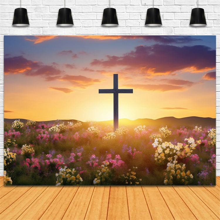 Easter Photography Backdrop Vibrant Blooming Meadow Cross Backdrop UK BRP11-321