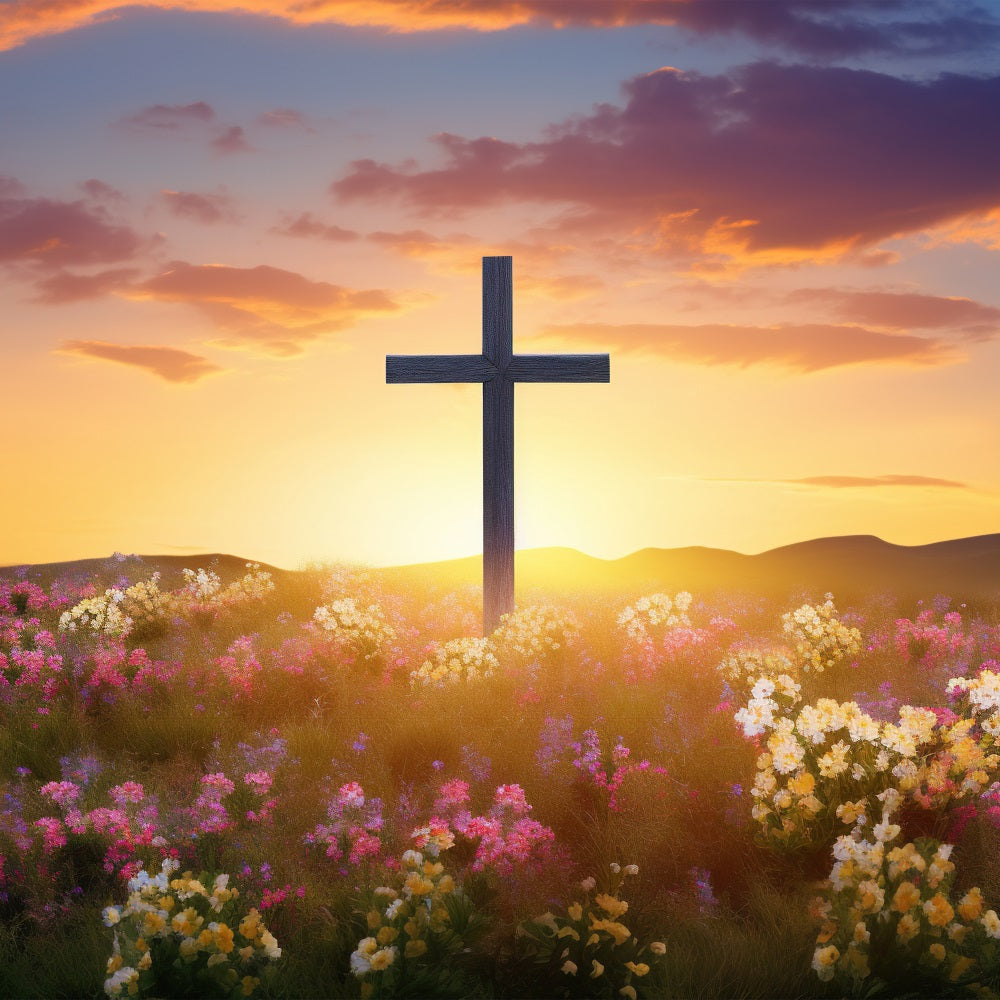 Easter Photography Backdrop Vibrant Blooming Meadow Cross Backdrop UK BRP11-321