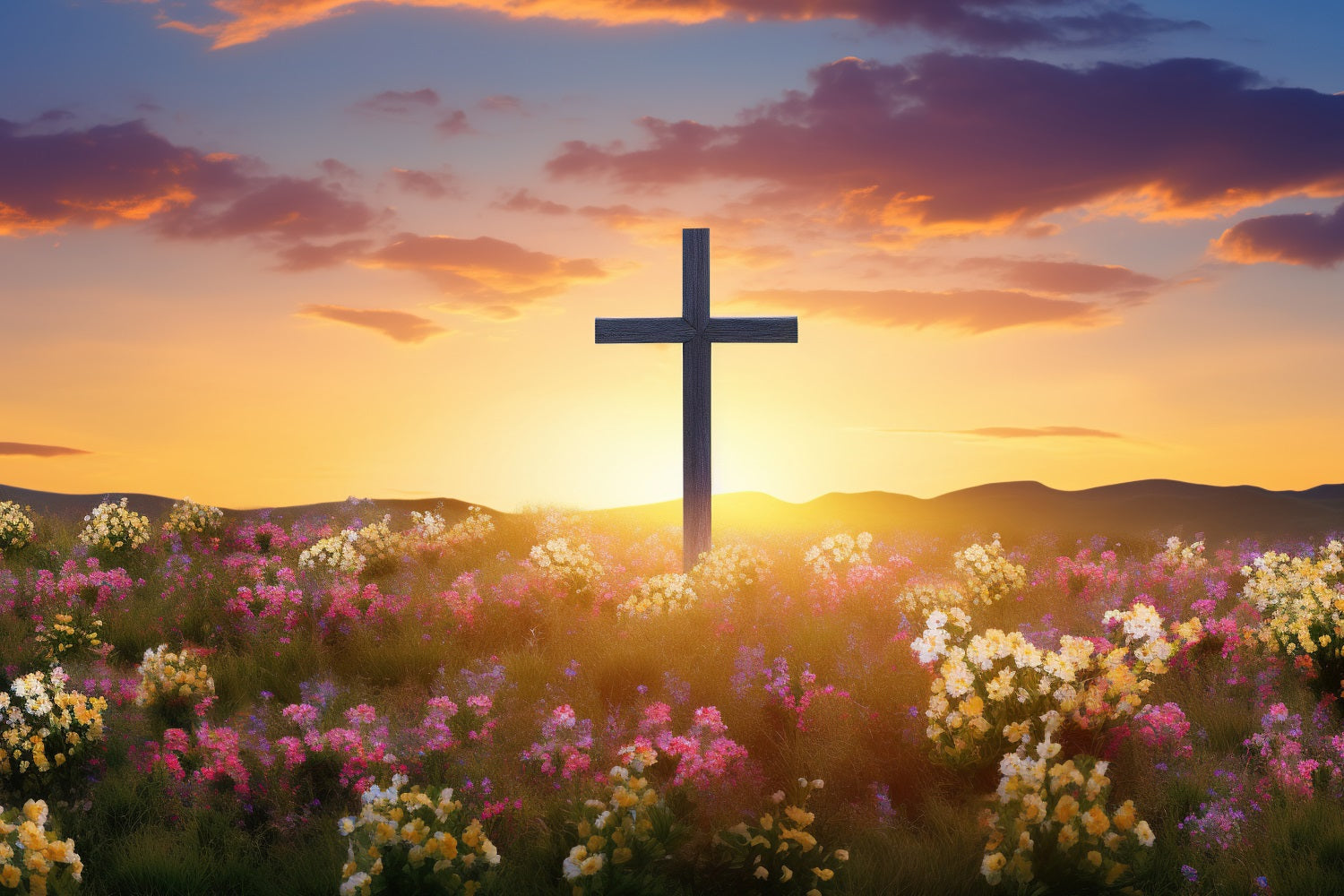 Easter Photography Backdrop Vibrant Blooming Meadow Cross Backdrop UK BRP11-321