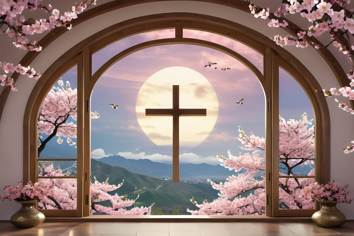 Easter Backdrop Cross Blossom Framed Window Backdrop UK BRP11-322