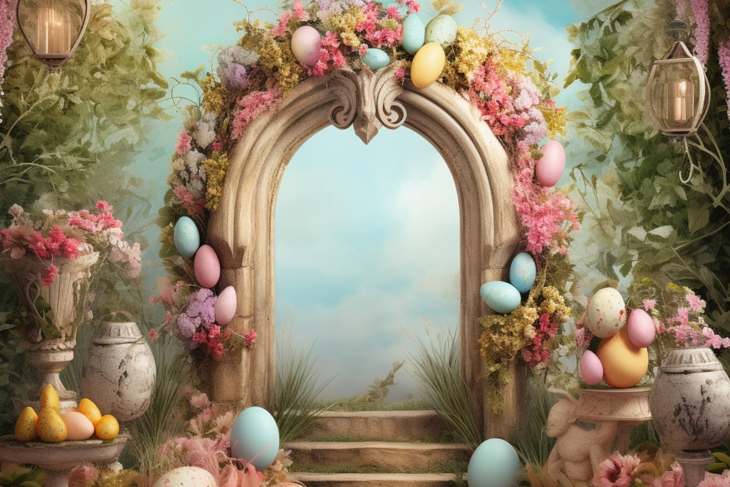 Backdrop For Easter Pastel Egg Stone Arch Backdrop UK BRP11-336