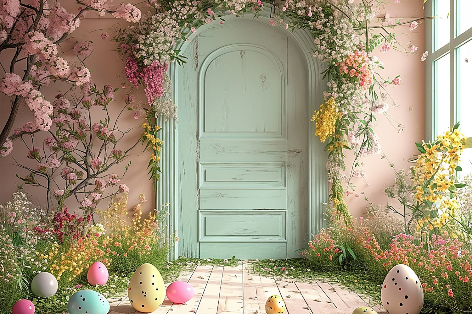 Easter Backdrops Ideas Egg Mint Door Florals Backdrop UK BRP11-340