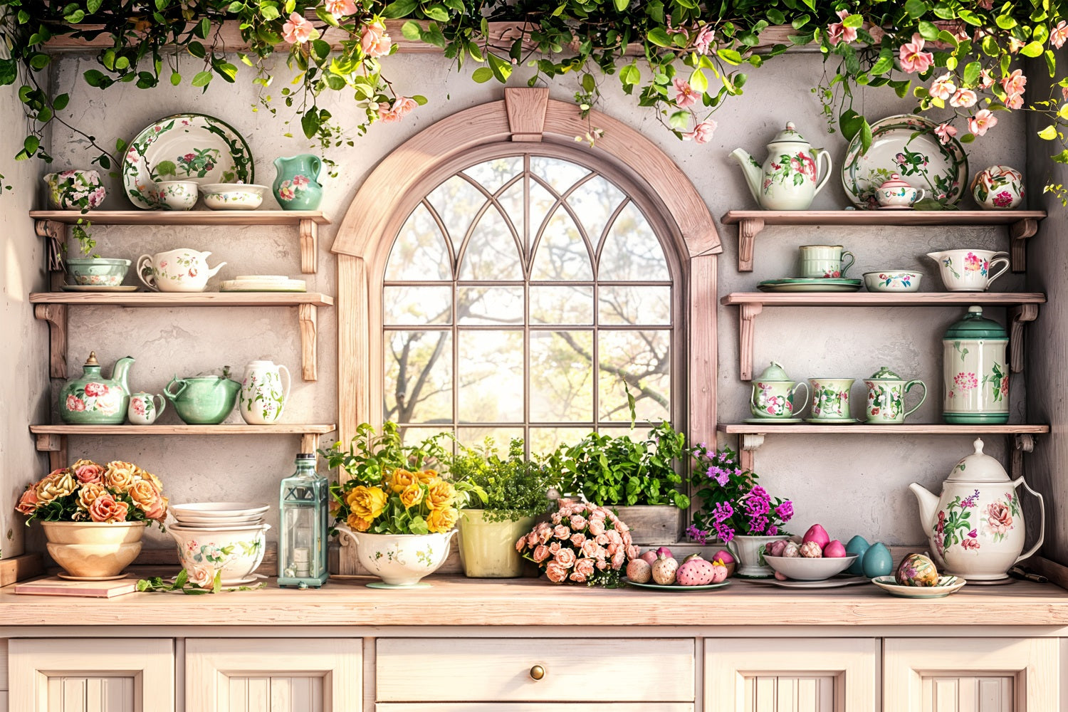 Easter Themed Backdrop Kitchen Shelves Floral Backdrop UK BRP11-344