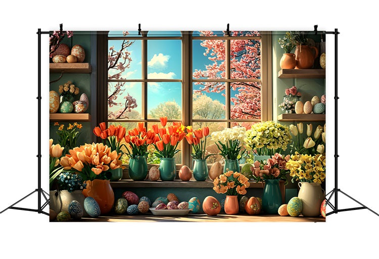 Easter Flower Backdrop Egg Window Decor Backdrop UK BRP11-348