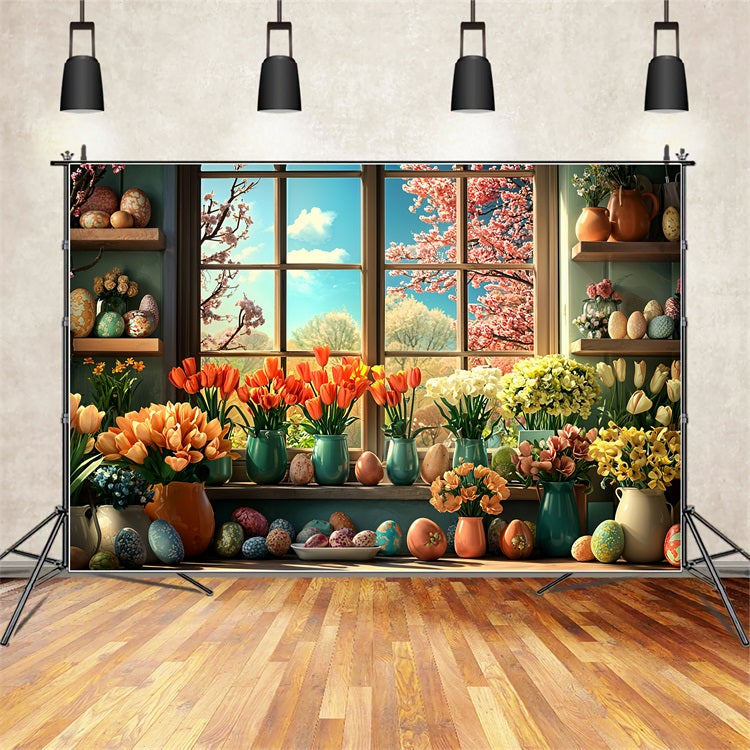 Easter Flower Backdrop Egg Window Decor Backdrop UK BRP11-348