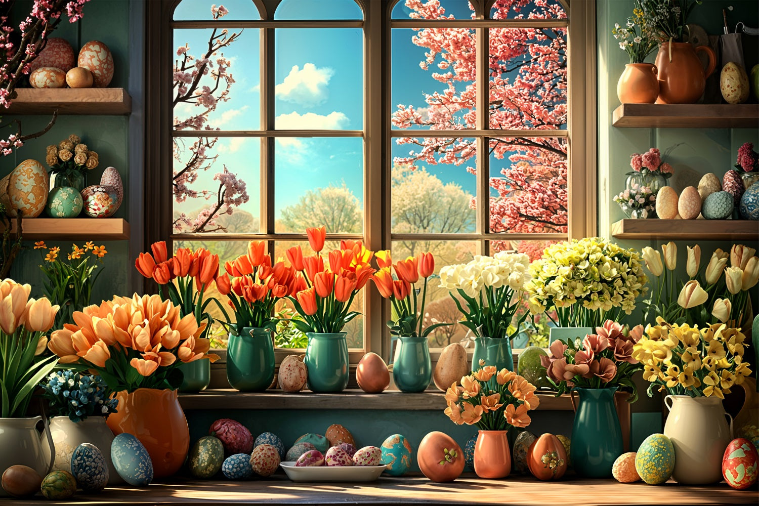 Easter Flower Backdrop Egg Window Decor Backdrop UK BRP11-348