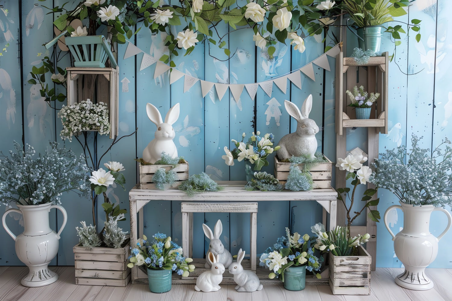 Easter Bunny Backdrop Blue Floral Table Backdrop UK BRP11-355