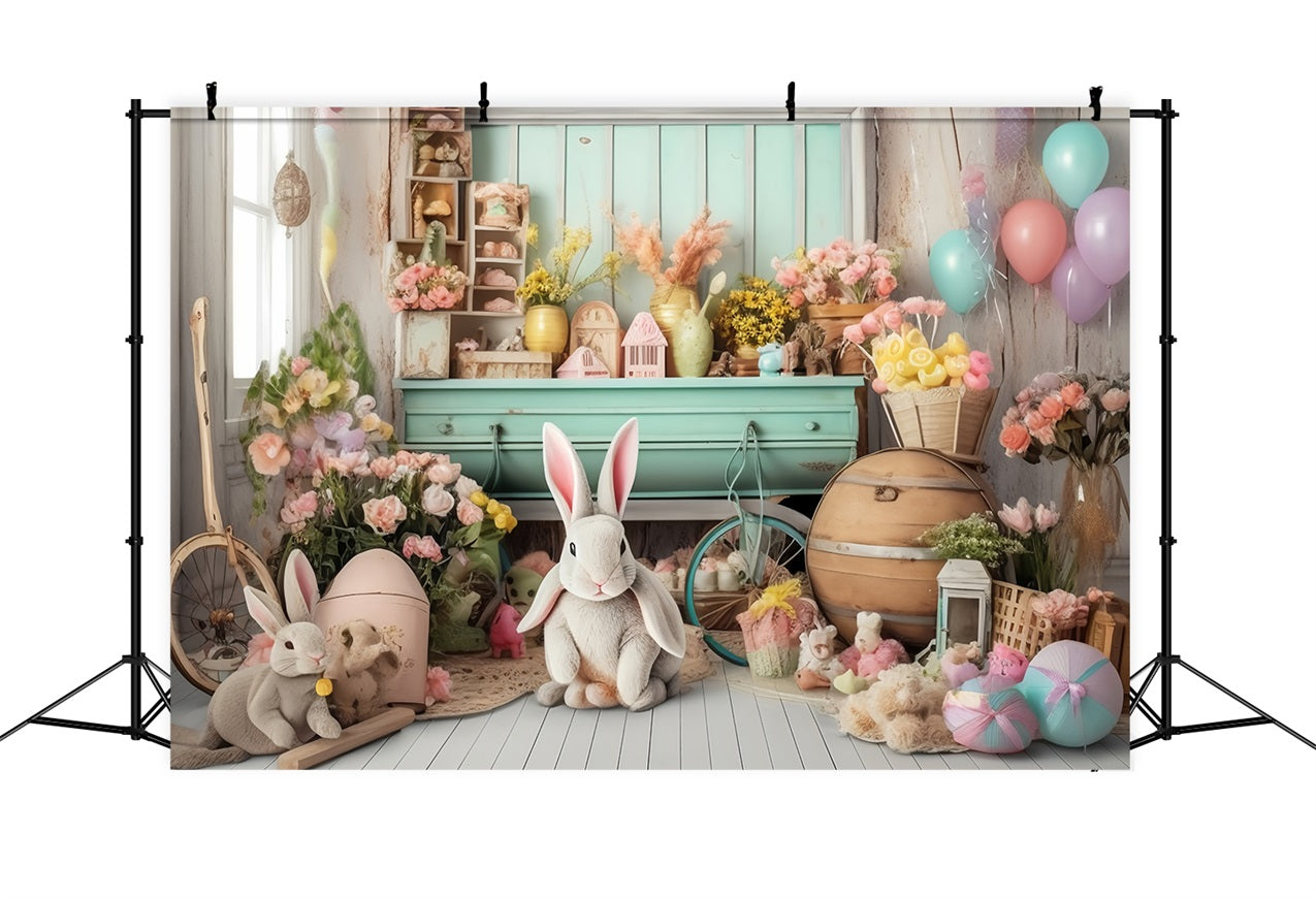 Backdrops Easter Rustic Rabbit Floral Shelf Backdrop UK BRP11-363