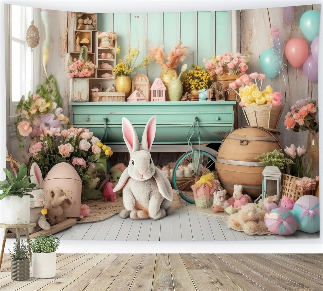 Backdrops Easter Rustic Rabbit Floral Shelf Backdrop UK BRP11-363