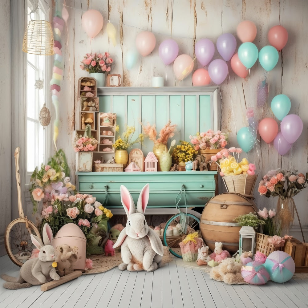 Backdrops Easter Rustic Rabbit Floral Shelf Backdrop UK BRP11-363