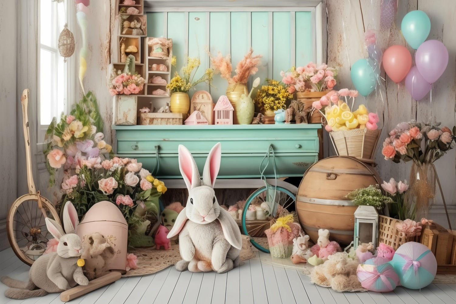 Backdrops Easter Rustic Rabbit Floral Shelf Backdrop UK BRP11-363