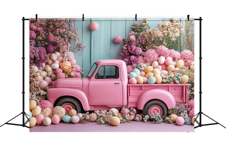 Easter Photography Backdrops Pink Truck Floral Egg Backdrop UK BRP11-364